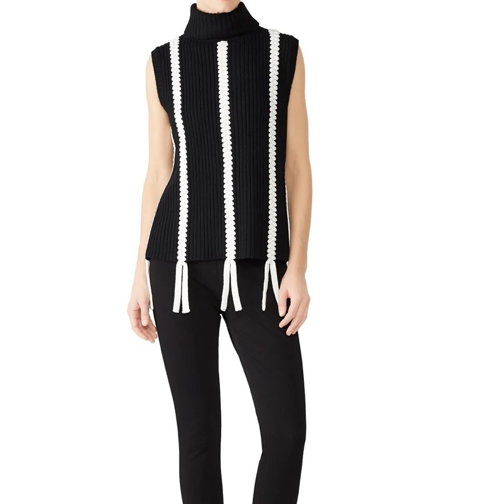 Derek Lam 10 Crosby Braided Sleeveless Turtleneck Sweater Black Cream Small NWT - Picture 2 of 13